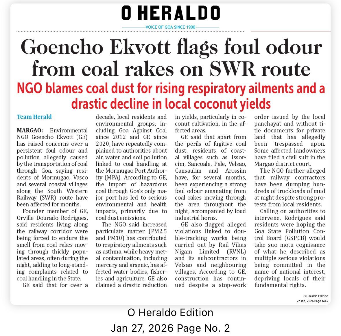 Newspaper: foul odour from coal rakes on SWR route