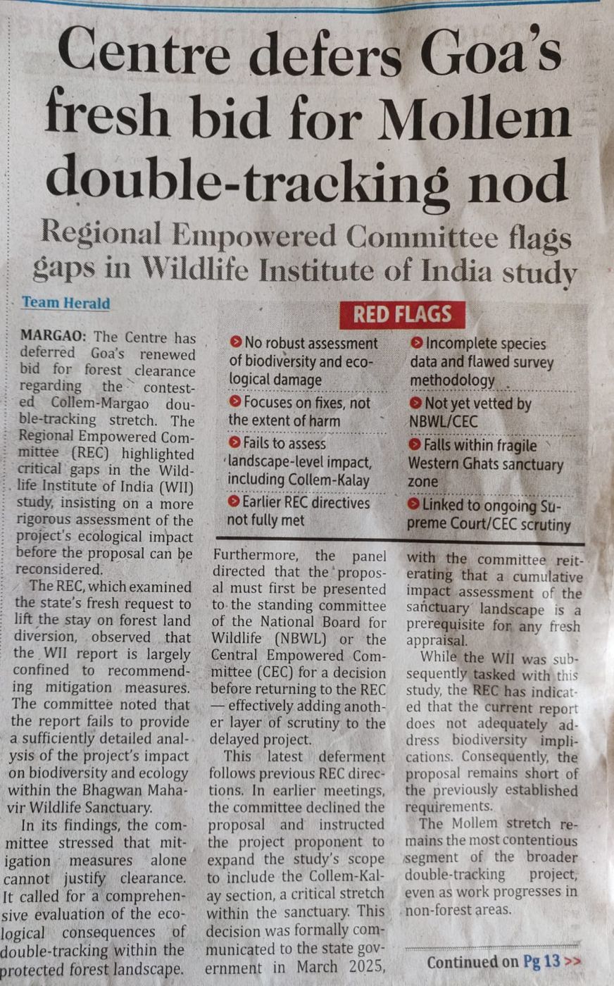 Newspaper: Centre defers Goa's fresh bid for Mollem double-tracking nod